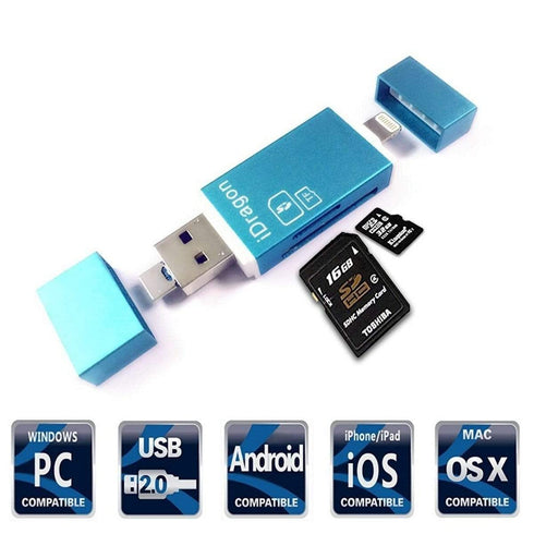 AussieSuperStore Homeware Supplies SD TF Card Reader with Lightning Micro USB Connector External Storage Memory Expansion Card Reader Lightning Micro USB Connector External Storage Memory CBIDRAGON008